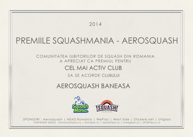 premiul squashmania pentru cel mai activ club aerosquash baneasa bucuresti