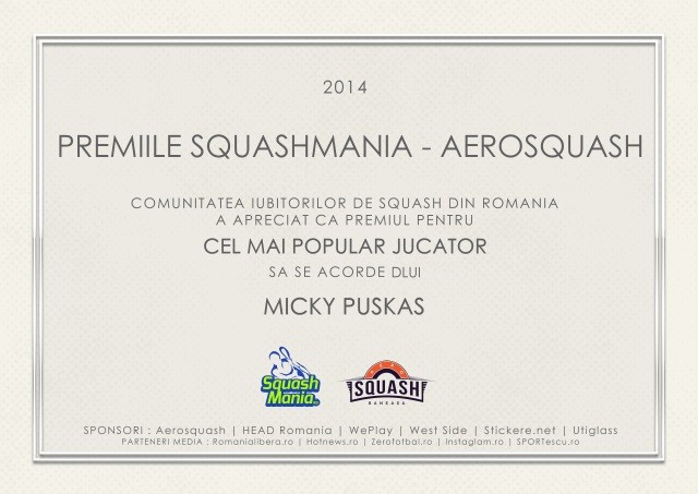 premiul squashmania pentru cel mai popular jucator de squash in 2014 micky puskas oradea